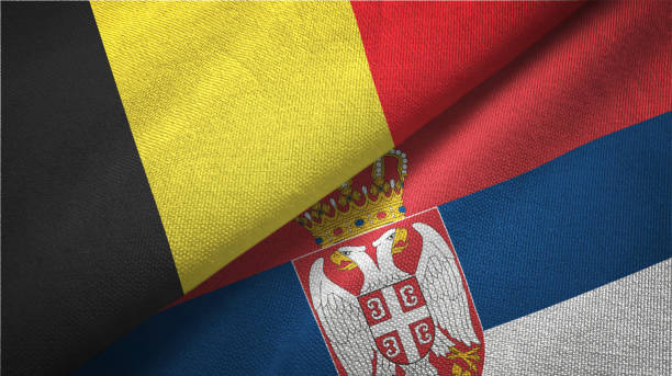 istock Serbia and Belgium two flags together textile cloth fabric texture 1093308956