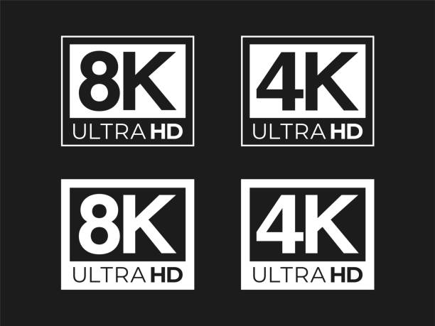 Ultra HD 8K and 4K Sign Set White Ultra HD 8K and 4K Set on the Black Background black background hd stock illustrations