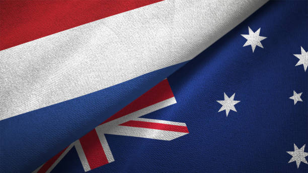 istock Australia and Netherlands two flags together textile cloth fabric texture 1093316810