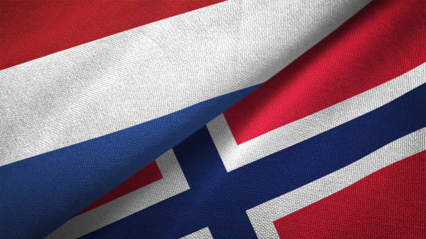 istock Norway and Netherlands two flags together textile cloth fabric texture 1093317722