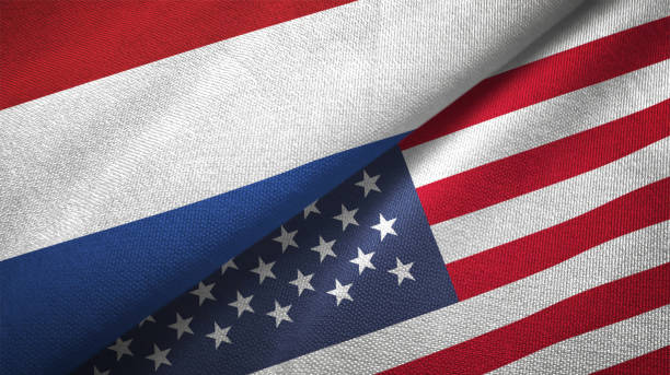 美國和荷蘭兩旗一起紡織布面料紋理 - usa netherlands 個照片及圖片檔