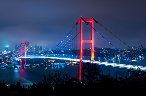 Istanbul Bosphorus Bridge at night. 15th July Martyrs Bridge (15 Temmuz Sehitler Koprusu). Istanbul, Turkey.