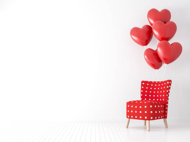 conceito de dia dos namorados com tecido vermelho e ponto branco cadeira 3d render - spotted paint red wall - fotografias e filmes do acervo