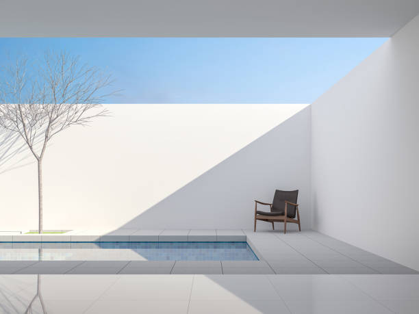 Minimal white style pool villa 3d render Minimal white style pool villa 3d render,View from living room to pool terrace ,There are gray tile floor,decorate with dark brown leather chair ,Brightness sunlight shining into inside. white buildings stock pictures, royalty-free photos & images