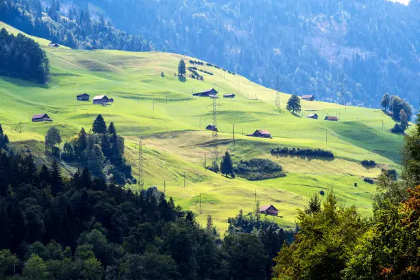 View of Lake Lungern or Lungerersee landscape in Burglen village, Obwalden, Switzerland.