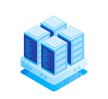 Concept of server room. Hosting with cloud data storage and server room. Server rack. Modern Vector illustration in Isometric style.