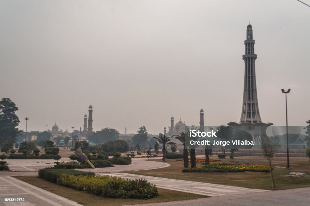 The tower of Minar-e-Pakistan Urdu: مینارِ پاکستان‬‎ Minar-e-Pakistan (Urdu: مینارِ پاکستان‬‎) is a national monument located in Lahore, Pakistan. The tower was built between 1960 and 1968 on the site where the All-India Muslim League passed the Lahore Resolution on 23 March 1940 - the first official call for a separate and independent homeland for the Muslims of British India, as espoused by the two-nation theory. The resolution eventually helped lead to the emergence of an independent Pakistani state in 1947. The tower reflects a blend of Mughal/Islamic and modern architecture. Pakistan Stock Photo
