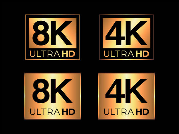 Gold Ultra HD 8K and 4K Sign Set Gold Ultra HD 8K and 4K Sign Set on the Black Background 4k resolution stock illustrations