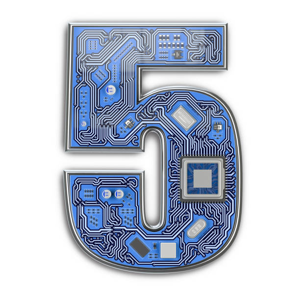 number 5 five in form of pc circuit board. digital hi-tech letter isolated on white. - alphabet letter o typescript letter b imagens e fotografias de stock