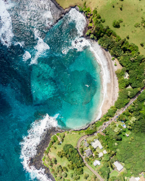 impresionante vista aérea de hamoa beach, una playa remota situada cerca de la pequeña ciudad de hana en el lado este de la isla de maui, hawaii. playa hamoa constantemente es nombrada una de las "playas de maui" - hana fotografías e imágenes de stock