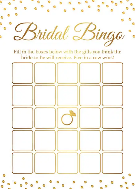 Vector illustration of Bridal Bingo card template. Bridal Shower Bingo games. Funny activity for guests. Bachelorette Party activities.  Wedding stationery. Gold polka dots.