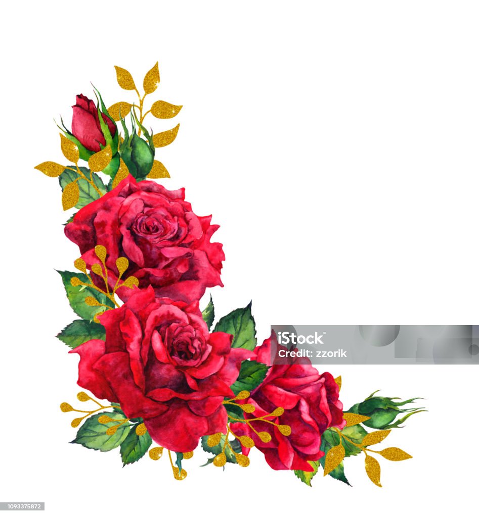 Hoa Hồng Đỏ Với Lá Vàng Bố Cục Hoa Góc Màu Nước Hình minh họa Sẵn ...