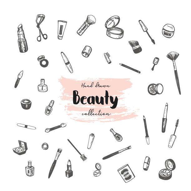 ilustrações de stock, clip art, desenhos animados e ícones de beauty store collection with make up. vector illustration. - make up brush