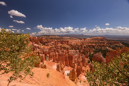 Bryce Canyon National Park is an American national park located in southwestern Utah. The major feature of the park is Bryce Canyon, which despite its name, is not a canyon, but a collection of giant natural amphitheaters along the eastern side of the Paunsaugunt Plateau. Bryce is distinctive due to geological structures called hoodoos, formed by frost weathering and stream erosion of the river and lake bed sedimentary rocks. The red, orange, and white colors of the rocks provide spectacular views for park visitors. Bryce Canyon National Park is much smaller, and sits at a much higher elevation than nearby Zion National Park. The rim at Bryce varies from 8,000 to 9,000 feet (2,400 to 2,700 m).