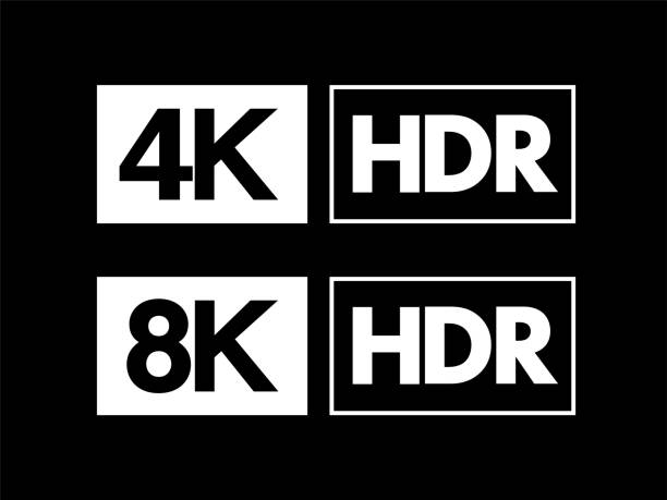 Ultra HD / HDR 8K and 4K Sign Set White Ultra HD / HDR 8K and 4K Set on the Black Background black background hd stock illustrations