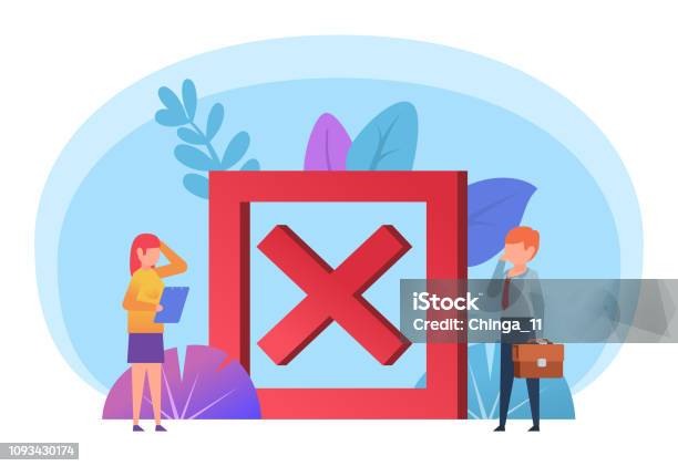 Decline Reject Document Offer Small People Stand Near Big Red Cross Mark Poster For Social Media Web Page Banner Presentation Stock Illustration - Download Image Now