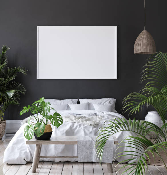 istock Mock-up poster frame in dark bedroom, Scandinavian style 1093437698