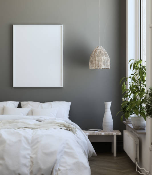 Mock-up poster frame in bedroom, Scandinavian style