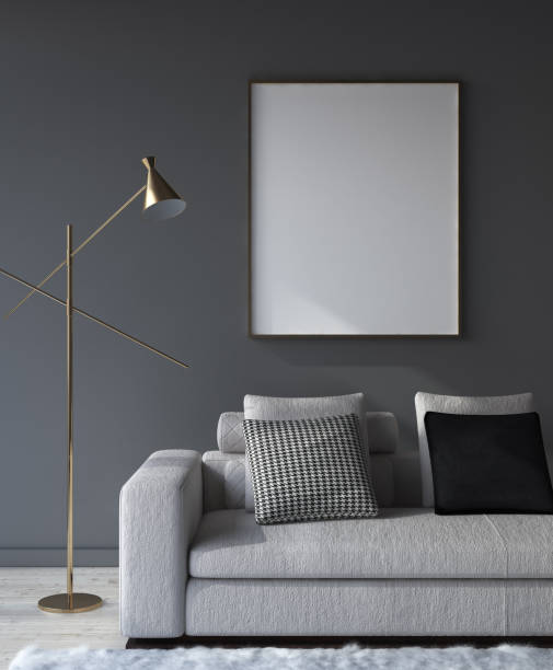 istock Mockup poster frame in dark living room interior background 1093437758