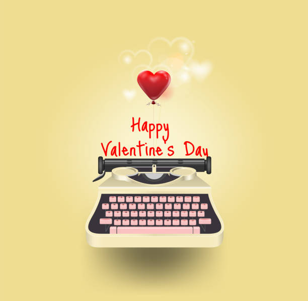 黃色打字機寫一條愛紅心的資訊, 快樂的情人節, 可愛的卡片與心, 文字, 元素, 愛, 傳單, 最小的風格邀請, 摺頁冊, 橫幅, 海報, 孤立的黃色背景 - cherry valentine 幅插畫檔、美工圖案、卡通及圖標