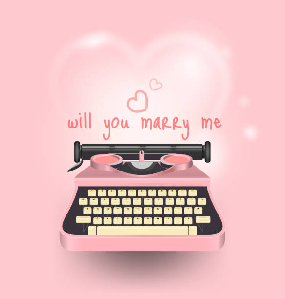 粉紅色打字機寫一條資訊, 你會嫁給我, 情人節快樂, 可愛的卡片與心, 文字, 元素, 愛, 傳單, 最小風格邀請, 摺頁冊, 橫幅, 海報, 孤立的粉紅色背景, - cherry valentine 幅插畫檔、美工圖案、卡通及圖標