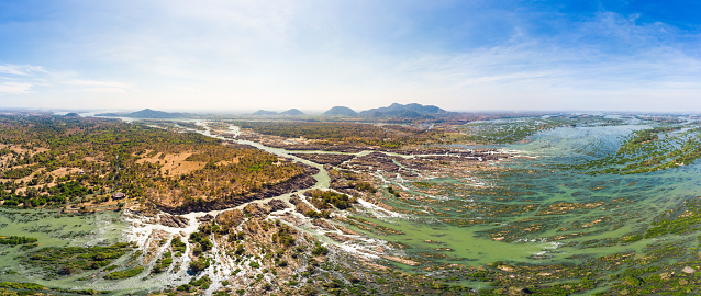 Aerial panoramic 4000 islands Mekong River in Laos, Li Phi waterfalls, famous travel destination backpacker in South East Asia