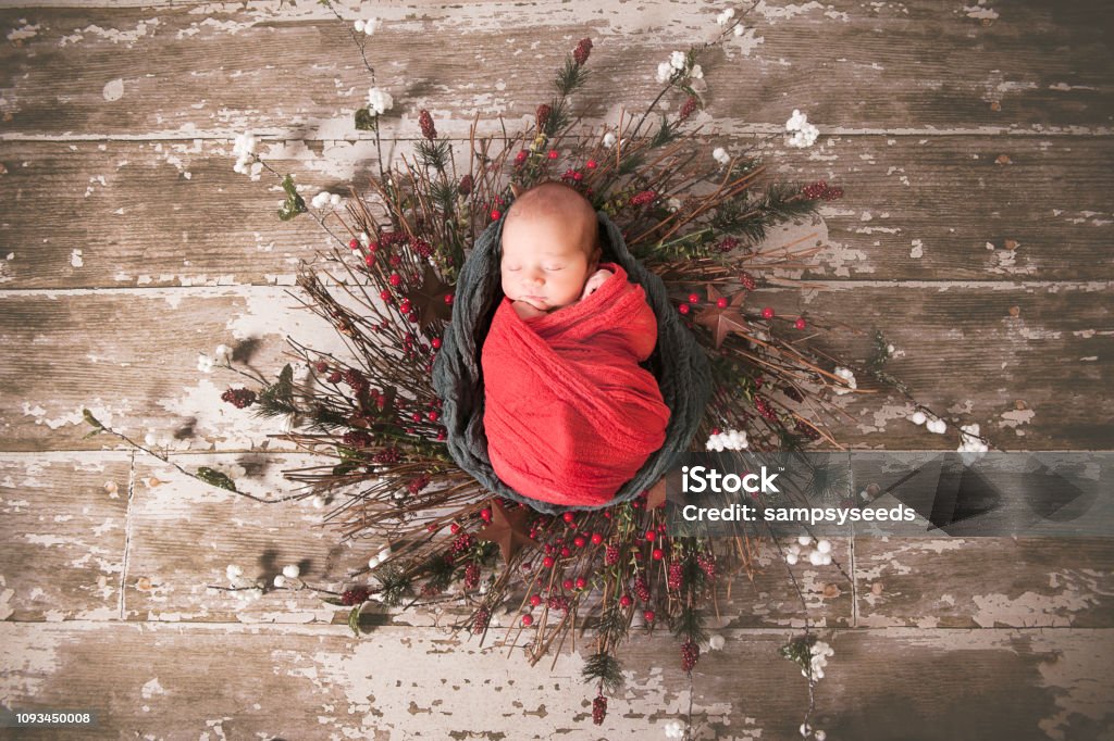 Holiday Baby A portrait of a newborn baby wrapped in Christmas themed cheesecloth and crochet wrap. Christmas Stock Photo