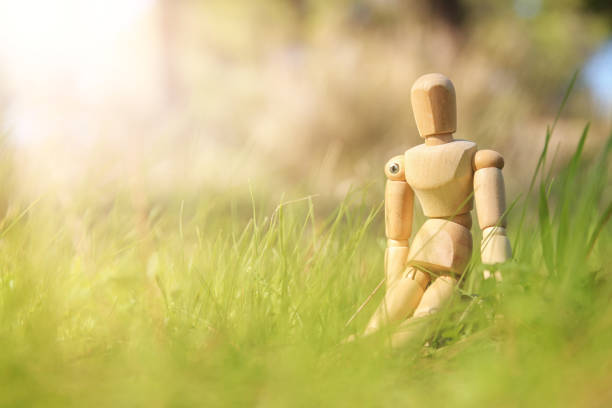 istock concept of vision and different thinking. wooden dummy sitting over green grass looking forward. 1093461356