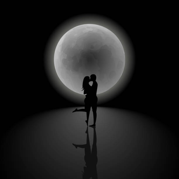 istock Happy Valentine is Day greeting card, poster or banner is a blank template, silhouette couple in love boy and girl kiss on the background of the night sky with a large full moon 1093468598