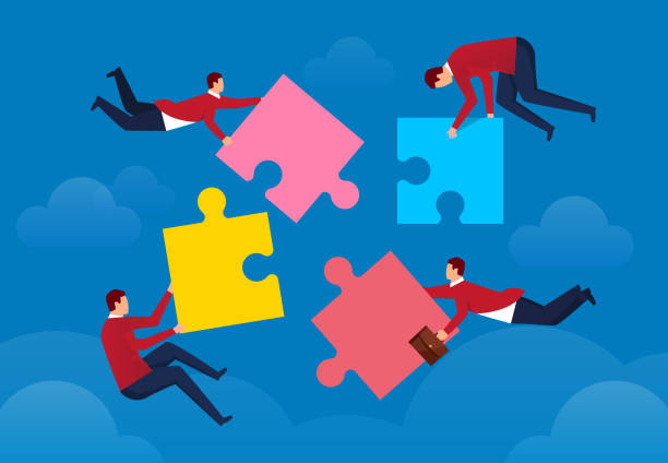 czterech biznesmenów w powietrzu, aby poskładać puzzle - solution puzzle strategy jigsaw piece stock illustrations