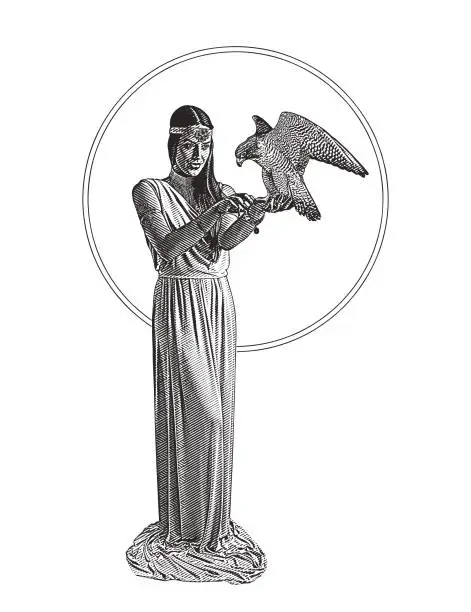 Vector illustration of Earth Goddess holding Peregrine Falcon