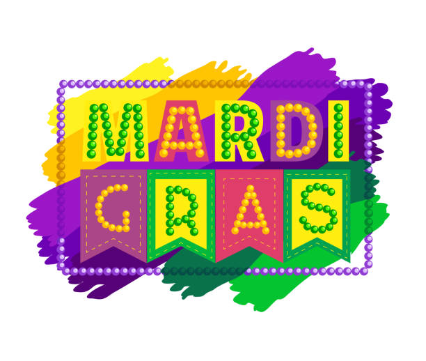 Mardi Gras celebration headline Mardi Gras celebration headline. Hand drawn design element. Fancy bead letters on bright color strips background. Masquerade carnival parade invitation welcome flyer template. Fest vector illustration mardi gras flyer stock illustrations