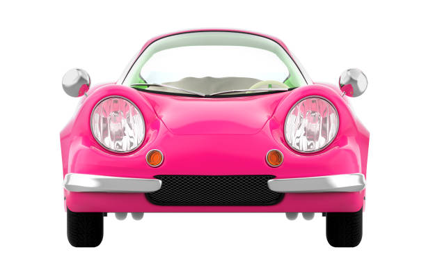 Pink retro sport car in cartoon 3d style, front view, isolated on a white background. 3d illustration