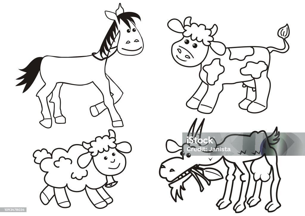 Group of farm animals, coloring book Group of farm animals, horse, cow, sheep and goat. Funny cute vector illustration. Isolated objects. Coloring book for children. Animal stock vector