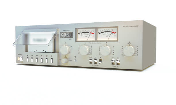 istock Vintage stereo cassette deck closeup, 3D rendering isolated on white background. 3D render. 3d Illustration 1093482128