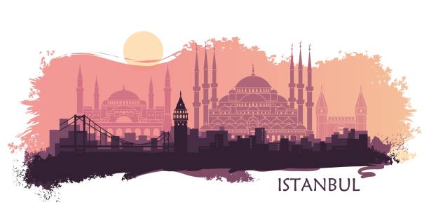 トルコのイスタンブールの風景です。主要観光スポットと抽象的なスカイライン - blue mosque illustrations点のイラスト素材／クリップアート素材／マンガ素材／アイコン素材