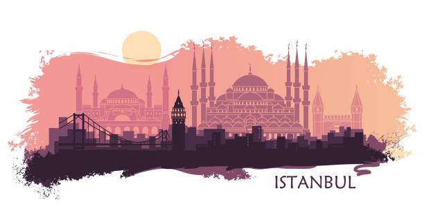 krajobraz tureckiego miasta stambuł. abstrakcyjna panorama z głównymi atrakcjami - blue mosque illustrations stock illustrations