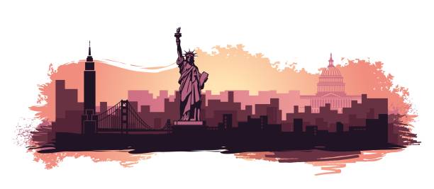 bildbanksillustrationer, clip art samt tecknat material och ikoner med stiliserade landskap av new york med sevärdheterna i usa. abstrakta skyline med fläckar och stänk av färg - manhattan skyline sunset