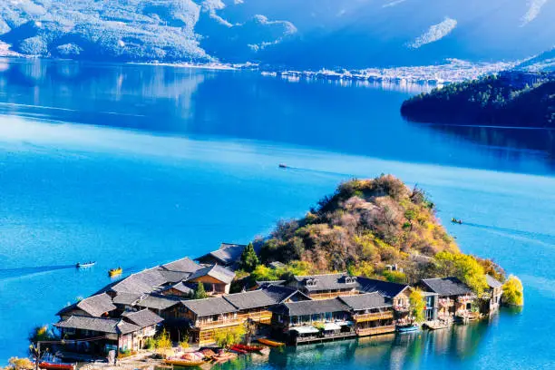 china,lijiang,lugu lake,blue,yellow,lake,island,