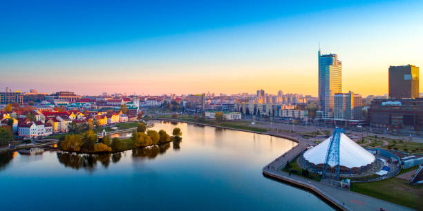 aerial view of nemiga, minsk. belarus - belarus imagens e fotografias de stock