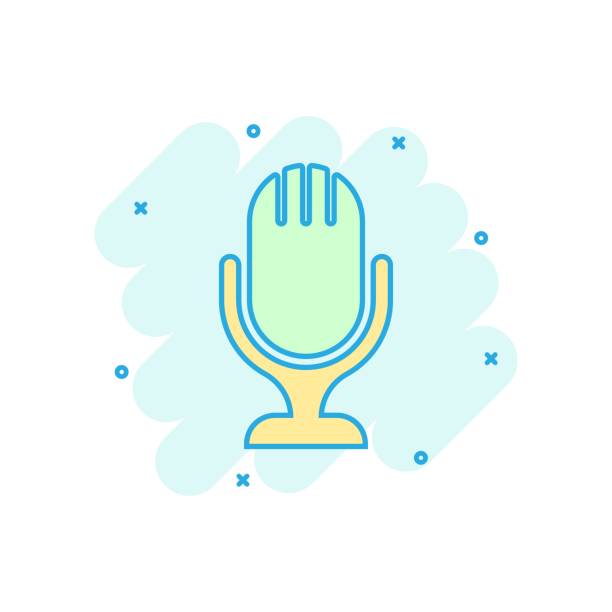 ilustrações de stock, clip art, desenhos animados e ícones de microphone icon in comic style. mic broadcast vector cartoon illustration pictogram. microphone mike speech business concept splash effect. - 16636