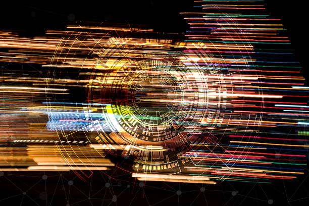 istock Abstarct of IOT network graphical interface or atificial of internet of things. Multicolored city lights beams in motion. Communication technology futuristic city display reality background Concept. 1093490970