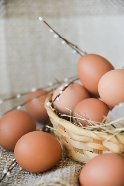 istock fresh farm chicken egg in the basket on textile background, preparation for Easter 1093501878
