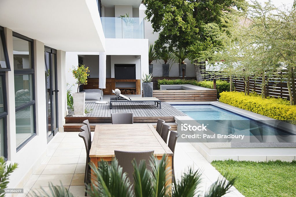 Modern patio next to swimming pool  Domestic Life Stock Photo