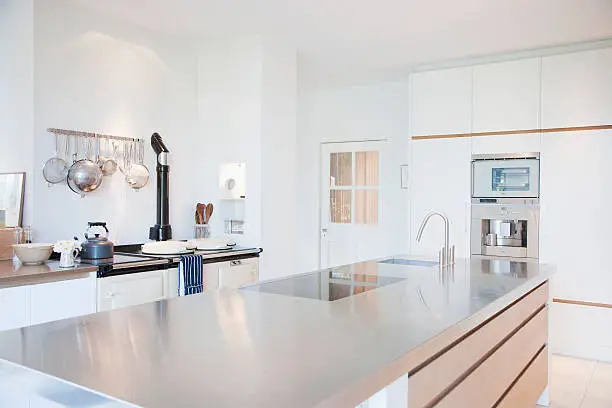 Photo of Modern kitchen with stainless steel counters