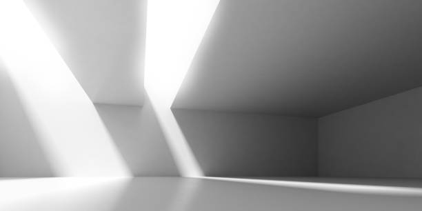 3D stimulate of concrete interior space with sun light cast the shadow on the wall and floor,Perspective of minimal design architecture,3d rendering