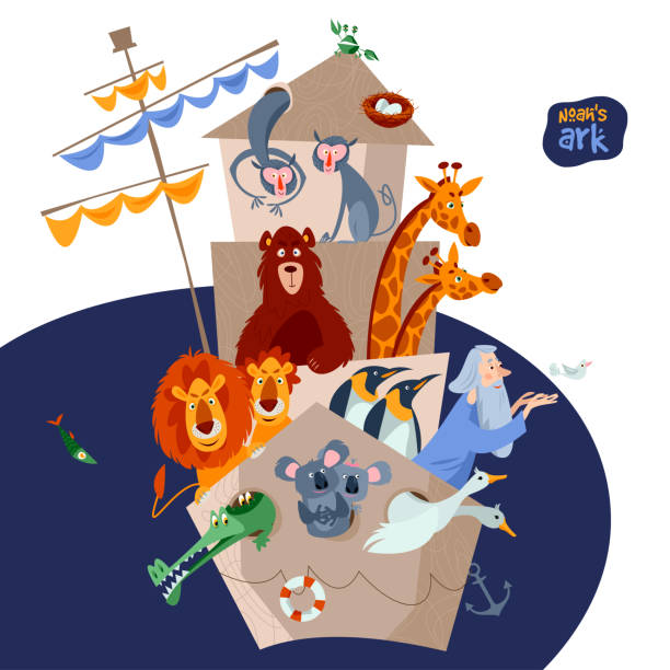 ilustrações de stock, clip art, desenhos animados e ícones de bible story. noah’s ark with various animal pairs (monkey, bear, giraffe, lion, penguin, crocodile, koala, goose, pigeon, crab). black and white. - ark cartoon noah animal