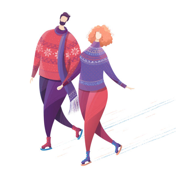Couple ice skating outdoors. Time together. Winter activity. Man and woman wearing winter clothing. Flat vector outdoor illustration. Isolated on white background. teenager couple child blond hair stock illustrations