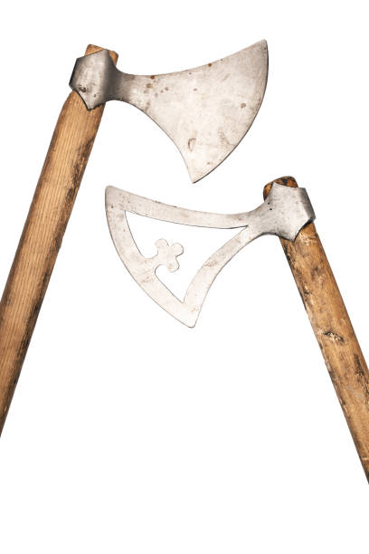 Two vintage axes isolated on white background. Viking weapons
