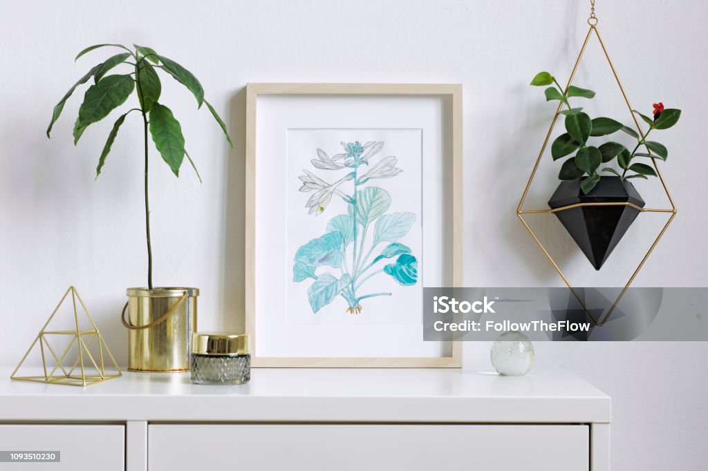 Minimalistic home interior floral poster mock up with vertical wooden photo frame, avocado plant, accessories and hanging plant in geometric pot on white wall background. Concept of white shelf. Interior floral poster mock up with vertical wooden frame. Concept with navy blue shelf Picture Frame Stock Photo